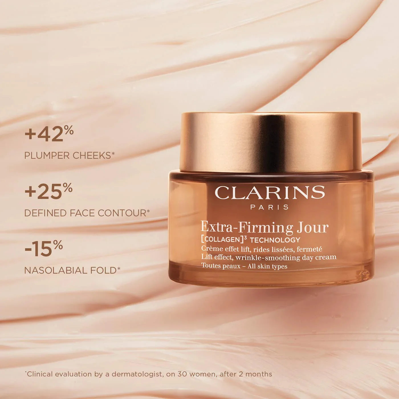 קרם יום אנטי אייג'ינג Clarins Extra-Firming Jour עם טכנולוגיית קולגן, מתצוגת מותגים ב-CHOZEN