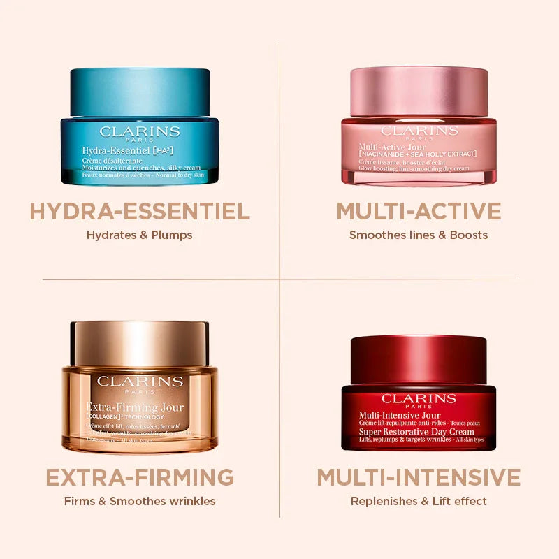 ארבעה קרמים של קלרינס: Hydra-Essentiel, Multi-Active, Extra-Firming, Multi-Intensive מבית CHOZEN