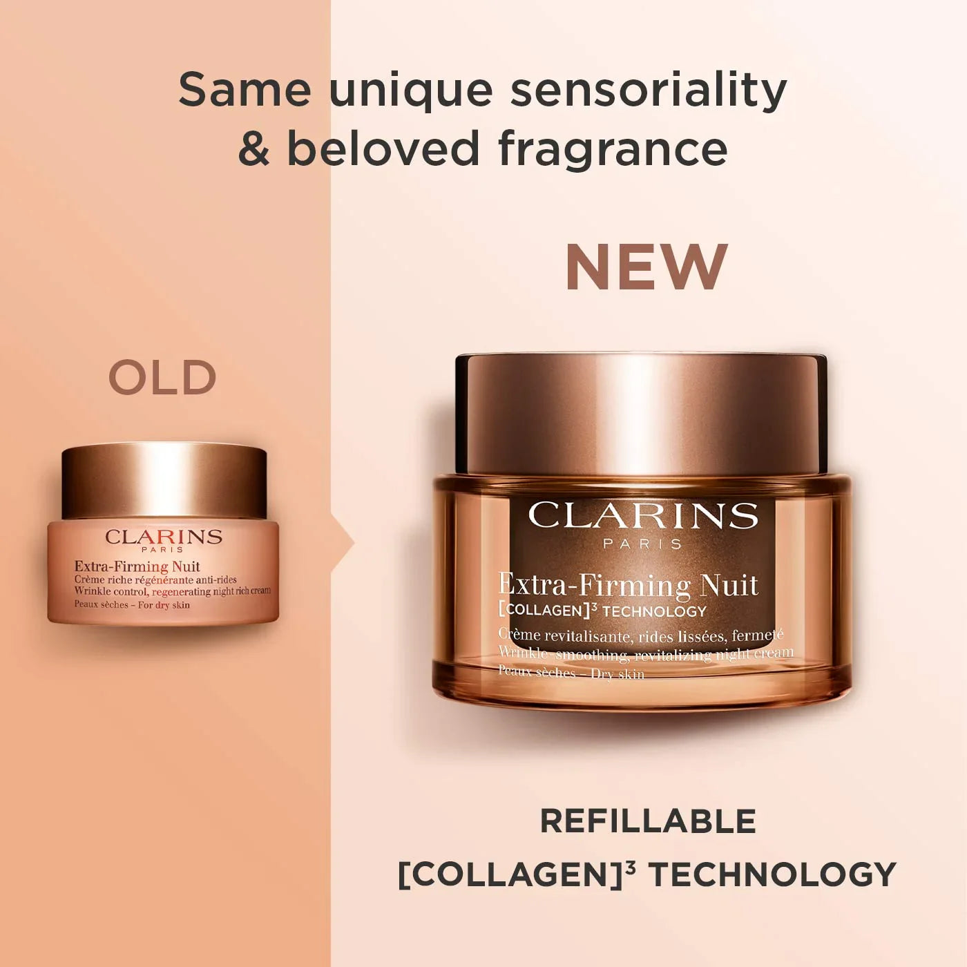 קרם לילה Clarins Extra-Firming Nuit ישן מול גרסה חדשה בעיצוב עדכני וטכנולוגיית קולגן, קוסמטיקה יוקרתית ב-CHOZEN