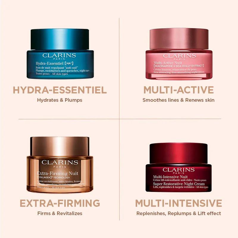 קרם לילה של קלרינס Clarins, 4 סוגים: Hydra-Essentiel, Multi-Active, Extra-Firming, Multi-Intensive, מוצג לקידום מותגים באתר CHOZEN