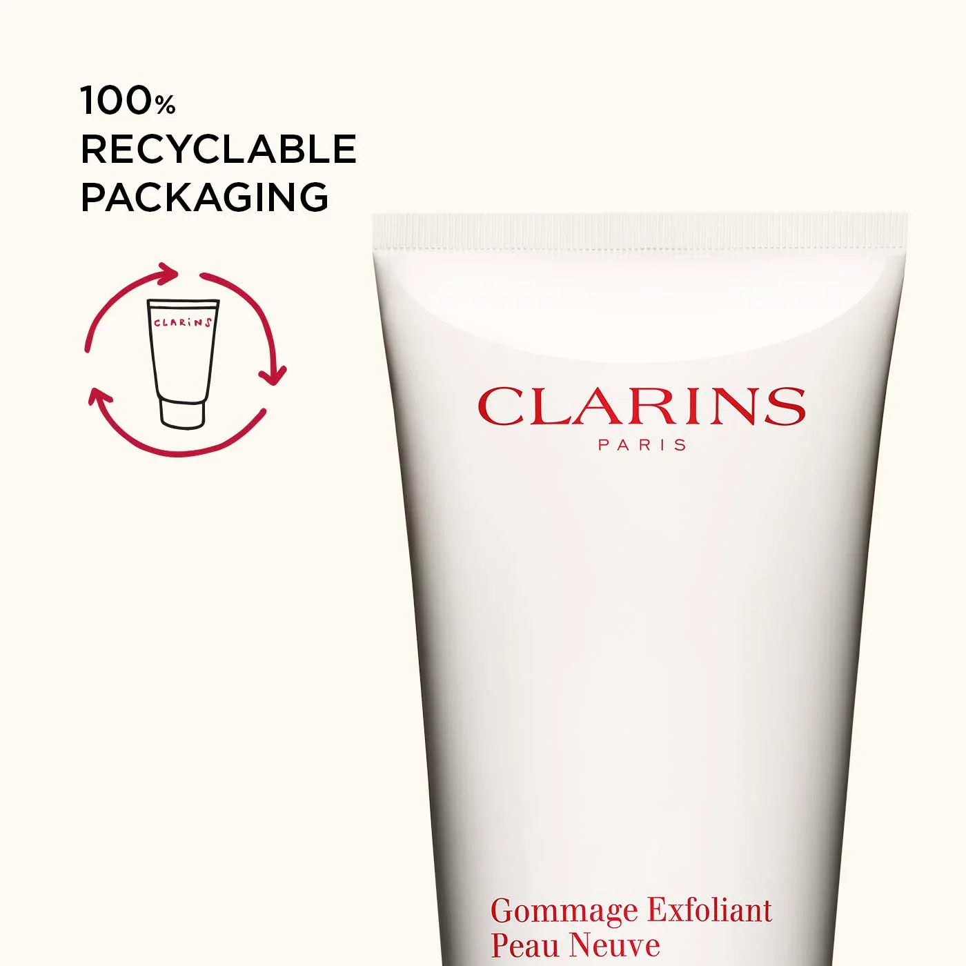 שפופרת פילינג קלרינס Clarins עם אריזות ממוחזרות, מוצר טיפוח של מותג יוקרה בינלאומי
