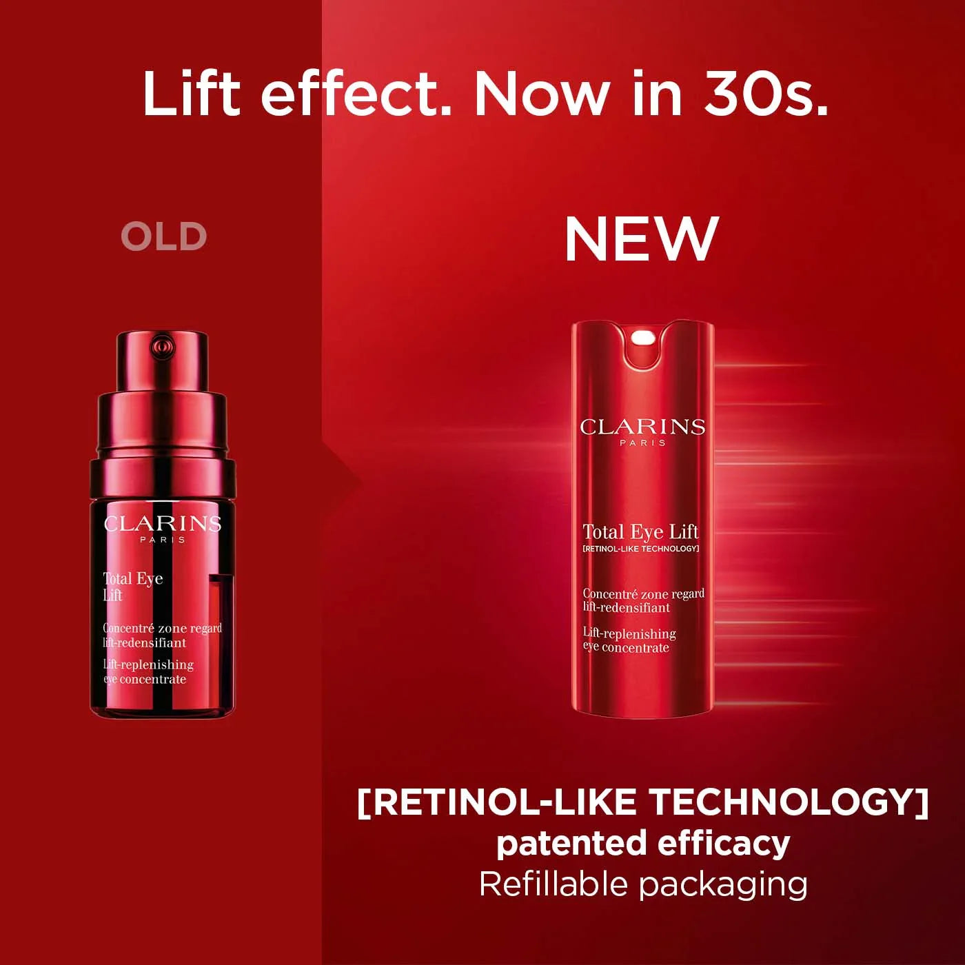 קרם עיניים Clarins Total Eye Lift ישן וחדש באריזה אדומה, מוצרי טיפוח יוקרתיים למראה עור מתוח