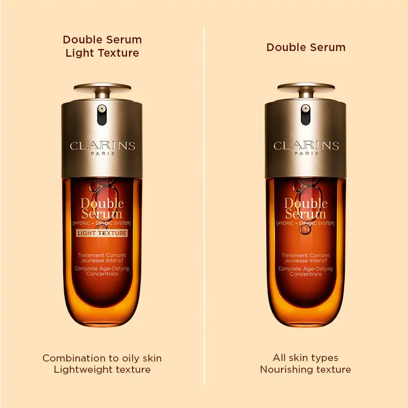 שני סרומים Clarins Double Serum מוצגים זה לצד זה, טקסטורה קלה לעור שמן וטקסטורה מזינה לכל סוגי העור
