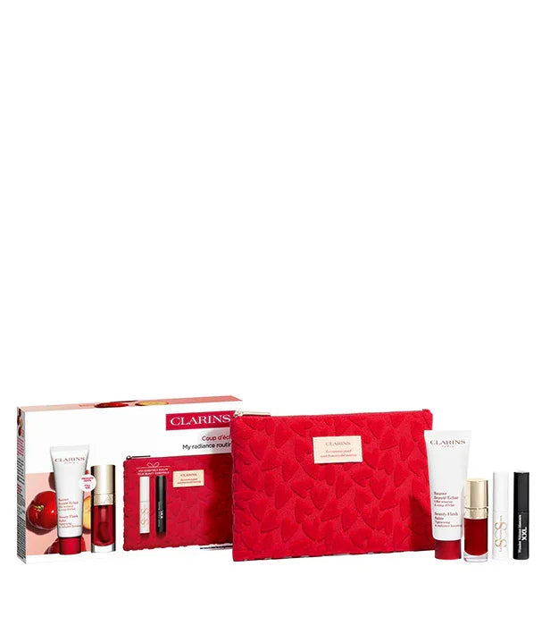 ערכת מתנה קלרינס עם תיק קוסמטיקה אדום, מוצרי טיפוח וקוסמטיקה מבית CHOZEN