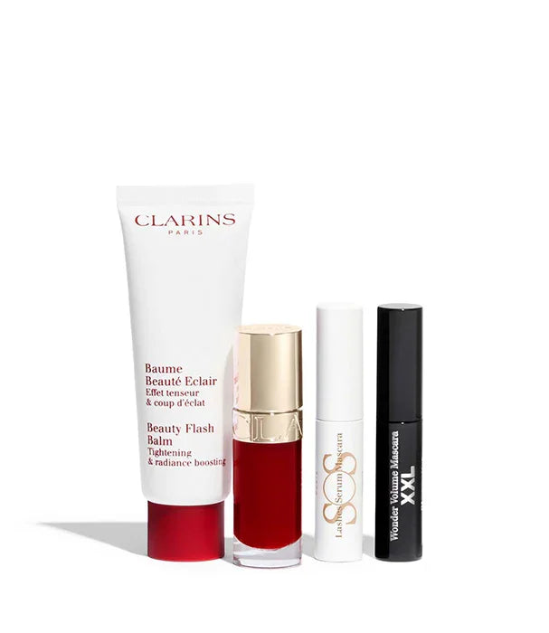 מארז מוצרי טיפוח יוקרתיים של Clarins עם שפתון, סרום ומסקרה, מבית CHOZEN מותגים מובילים