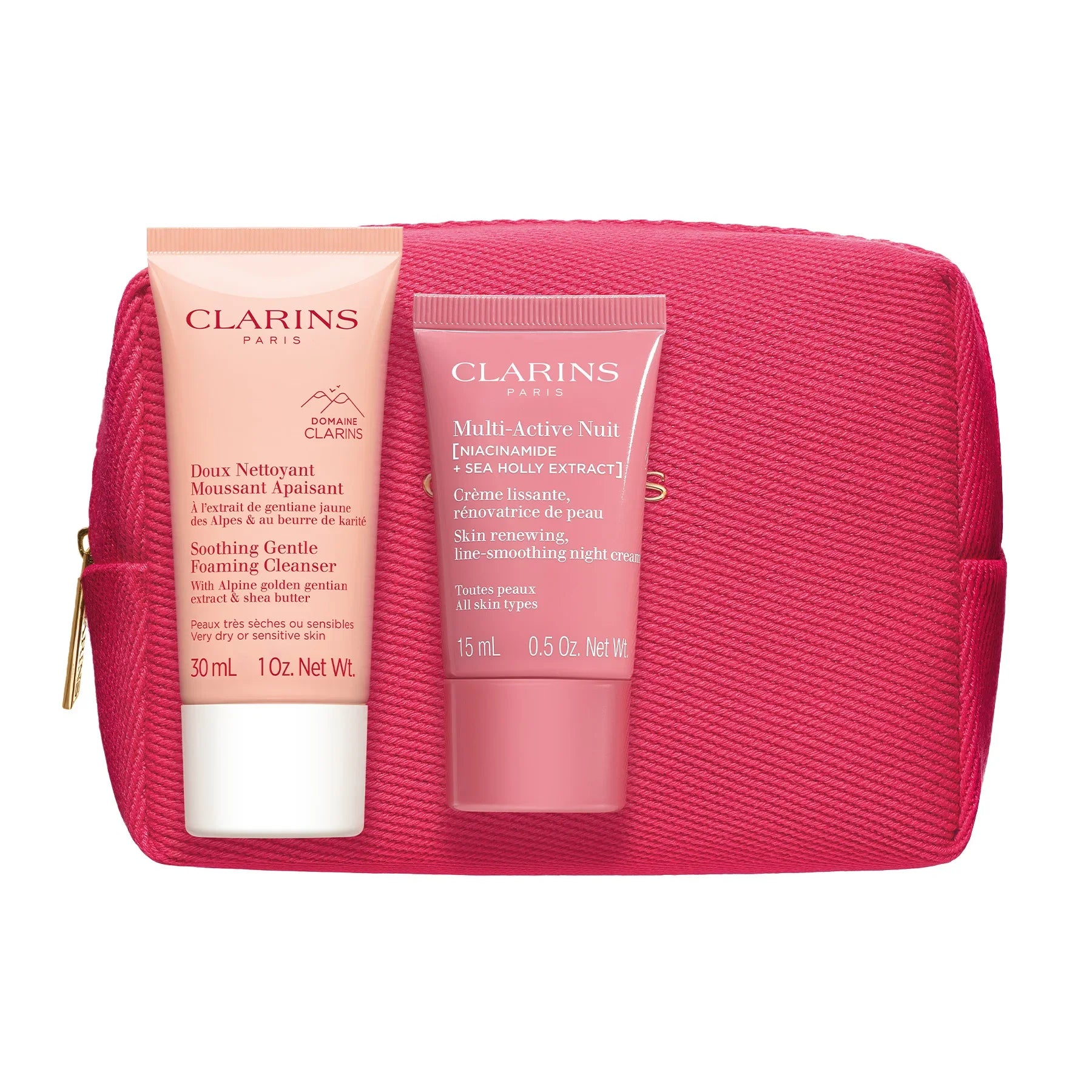 ערכת טיפוח Clarins עם שני מוצרי פנים ותיק ורוד, מבית CHOZEN מותגים מובילים