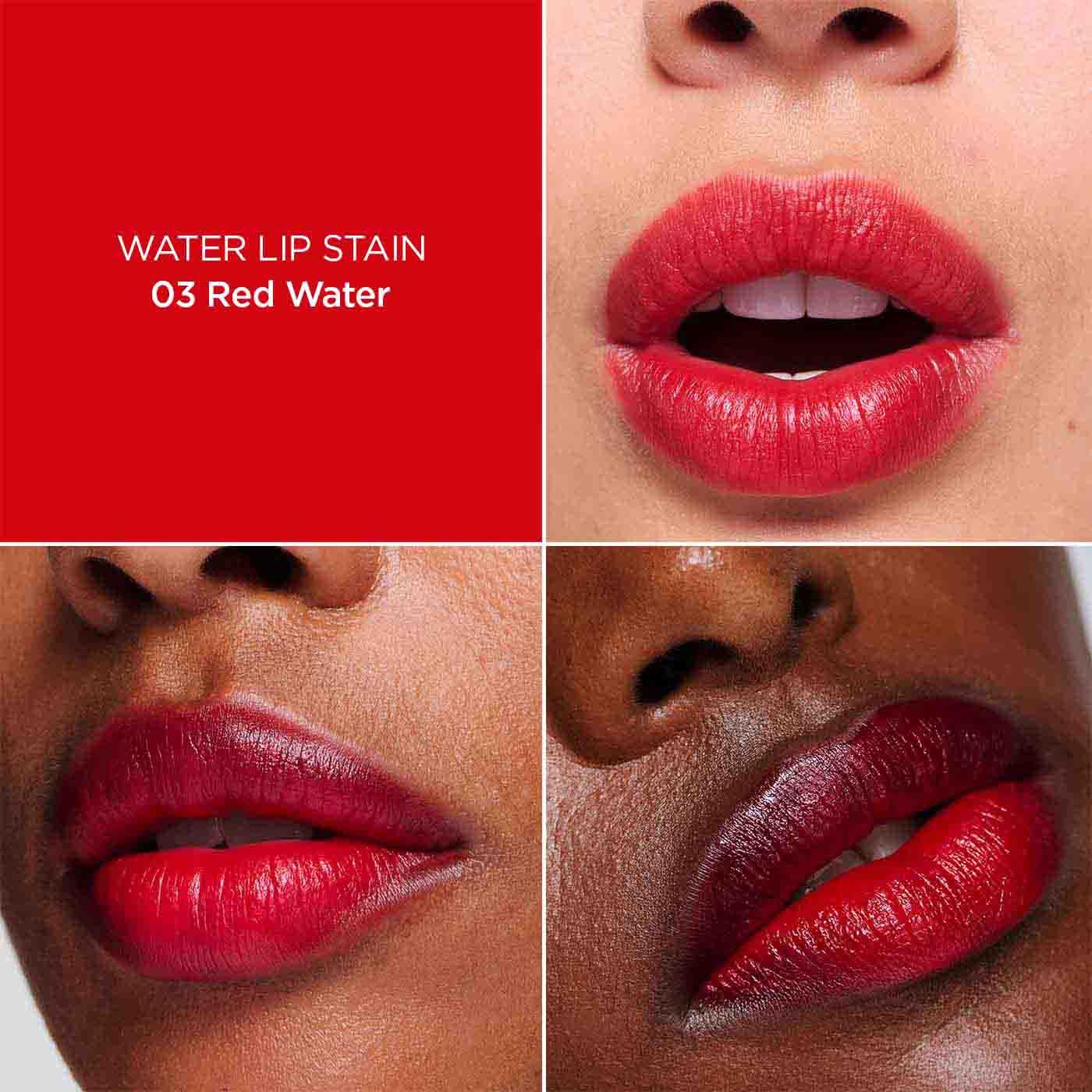 שפתיים מודגשות ב-Water Lip Stain 03 Red Water בצבע אדום על רקעים שונים, מותג CHOZEN