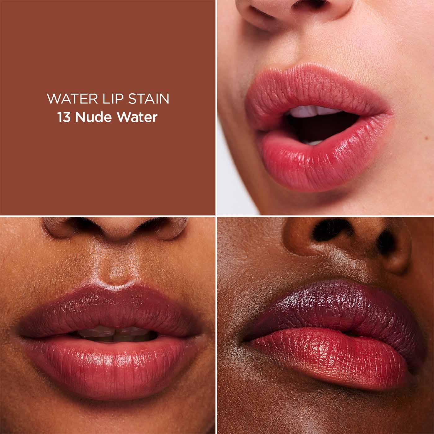 גוון שפתון Water Lip Stain 13 Nude Water מוצג על שלושה גווני עור, איפור שפתיים CHOZEN