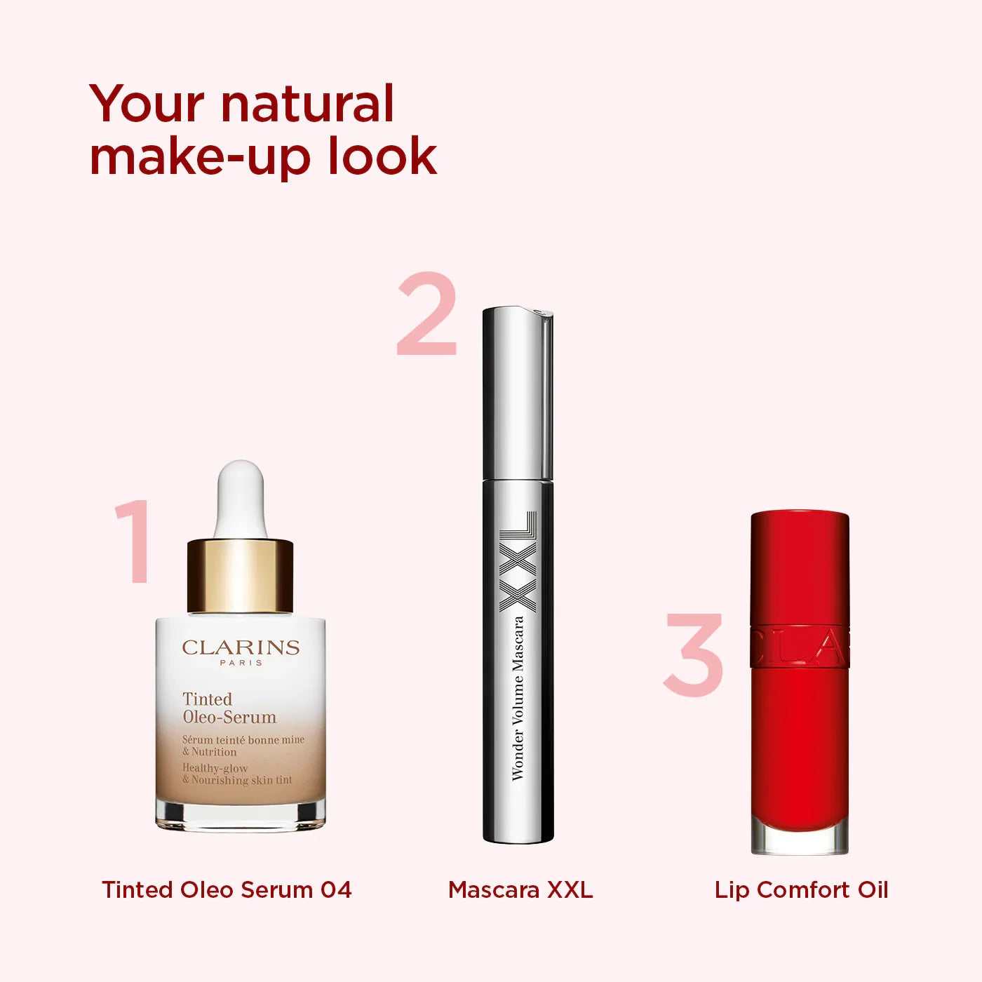 שלישיית מוצרי איפור של Clarins: סרום Tinted Oleo, מסקרה XXL, שמן שפתיים אדום, מהמובילים ב-CHOZEN