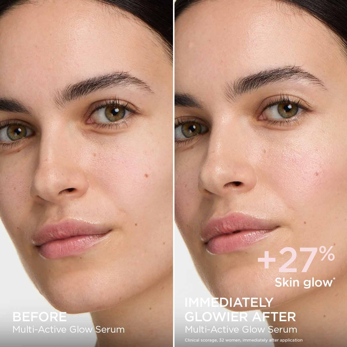 לפני ואחרי שימוש בסרום זוהר לפנים Multi-Active Glow Serum, תוצאה של עור זוהר ובריא, CHOZEN מותג טיפוח