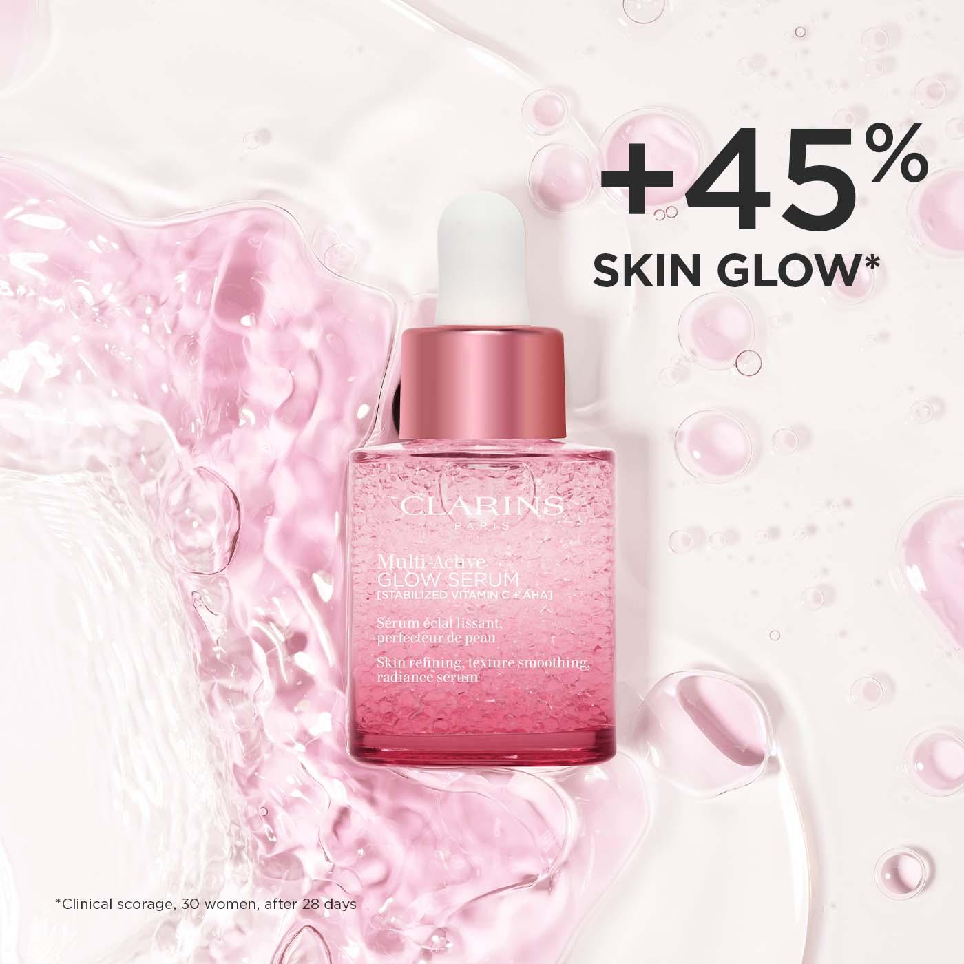 סרום Clarins Multi-Active Glow ורוד עם טפטפת, רקע נוזלי ורוד, מבית CHOZEN
