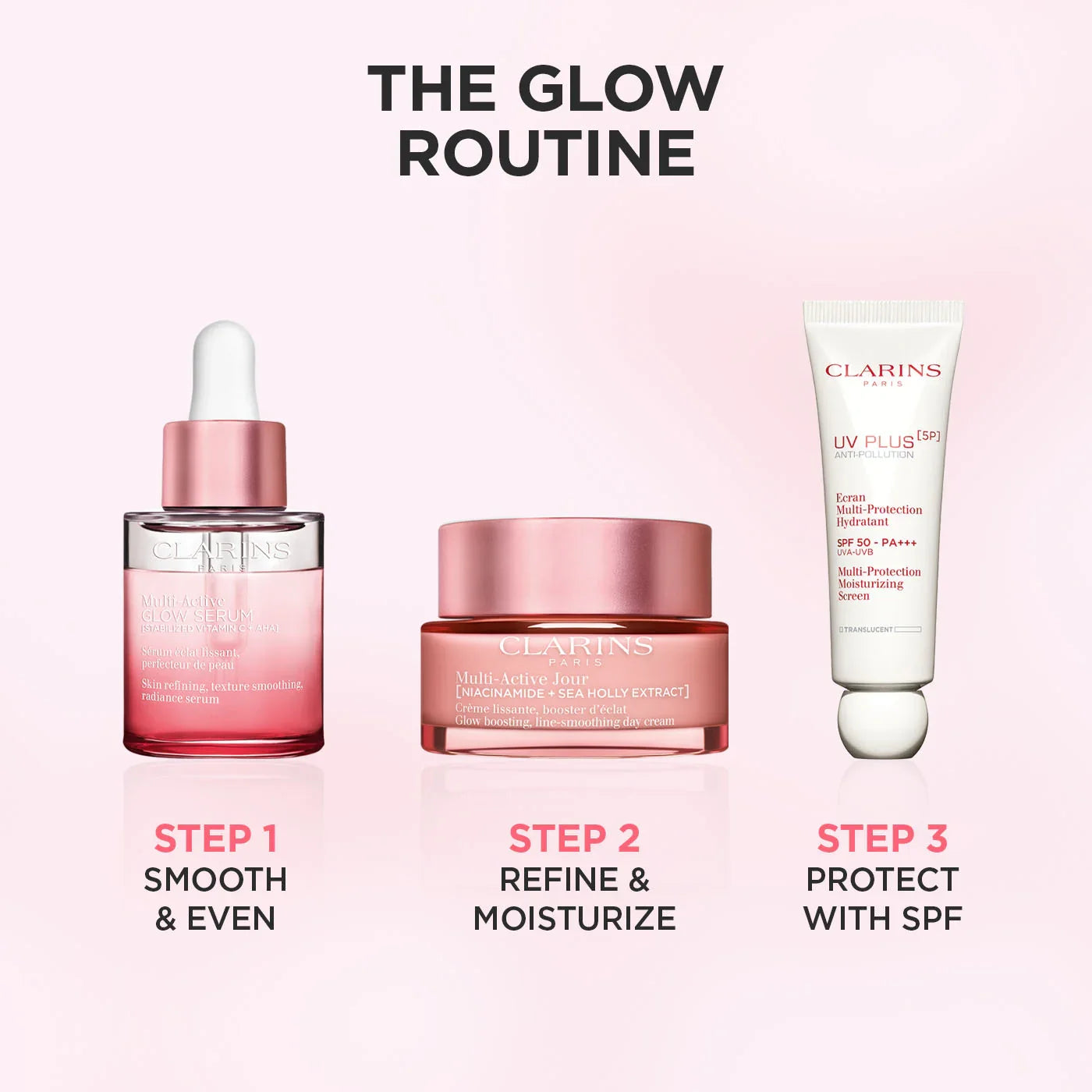 שגרת טיפוח Clarins הכוללת סרום, קרם לחות וקרם הגנה עם SPF, מוצגת על רקע ורוד, מבית CHOZEN