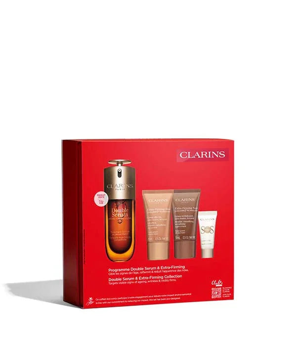 ערכת טיפוח לעור של קלרינס, Double Serum Extra-Firming, באריזה אדומה, יבואנית רשמית CHOZEN