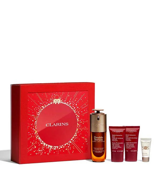 ערכת מתנה קלרינס עם סרום ומוצרים נוספים באריזה אדומה, מבית CHOZEN, קבוצת אלפא