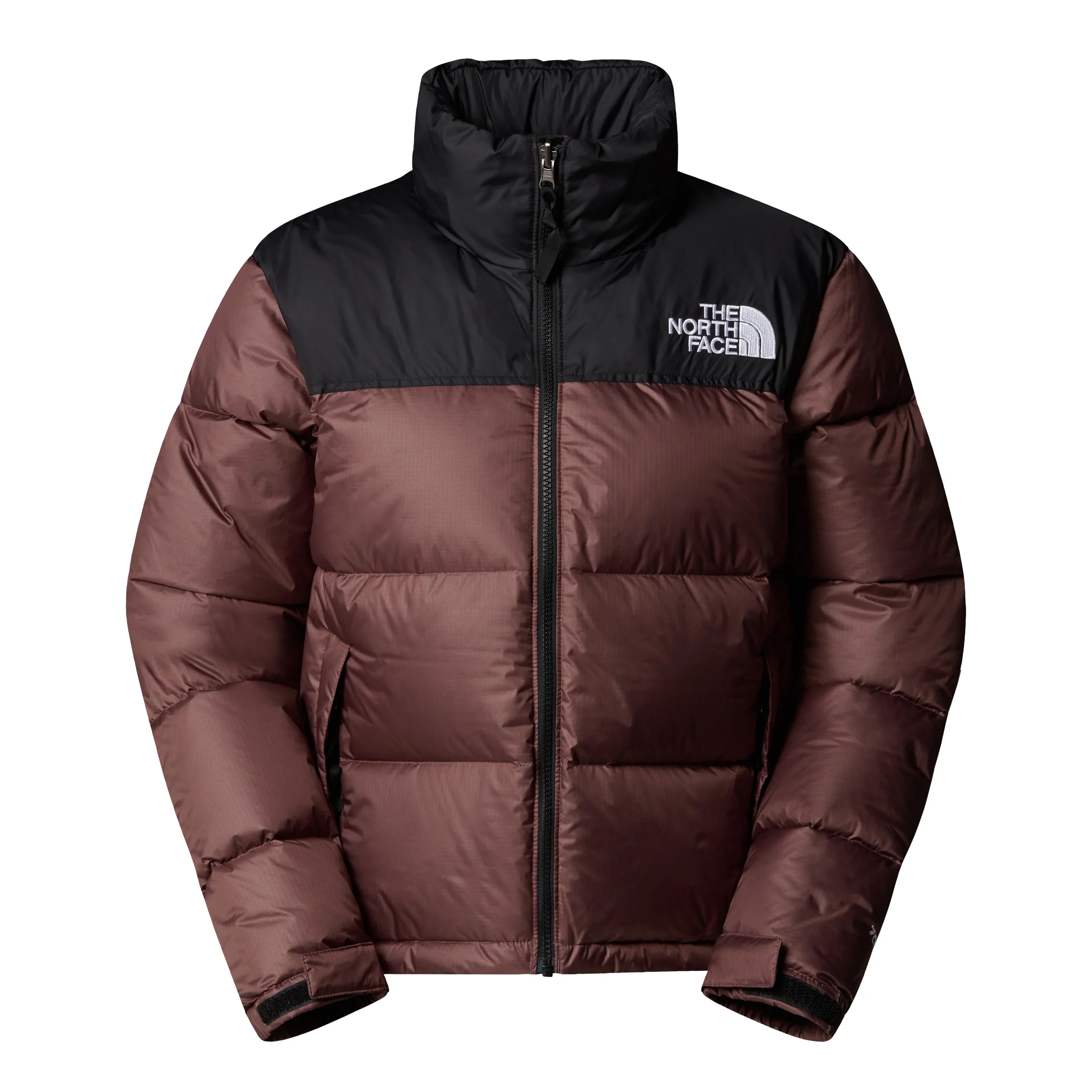 מעיל פוך חום ושחור של THE NORTH FACE עם לוגו, באתר CHOZEN מותגים מובילים