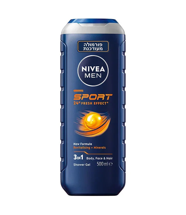 ניביאה ג'ל רחצה לגבר NIVEA MEN SPORT 3 ב-1, בקבוק כחול 500 מ"ל, מוצג על רקע לבן