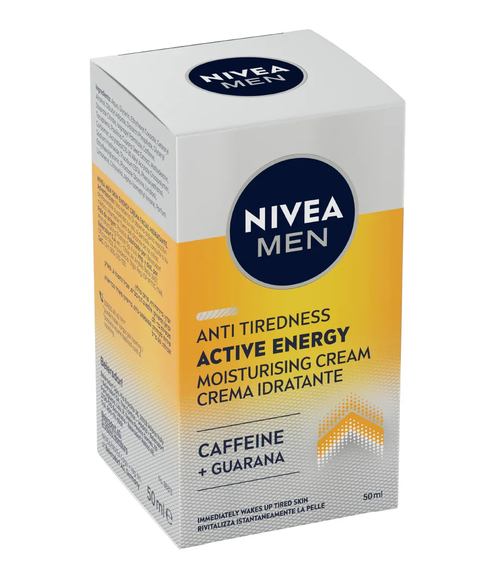 קרם לחות Nivea Men Active Energy מסדרת אנטי עייפות, עם קפאין וגוארנה, קופסה צהובה-לבנה, 50 מ"ל