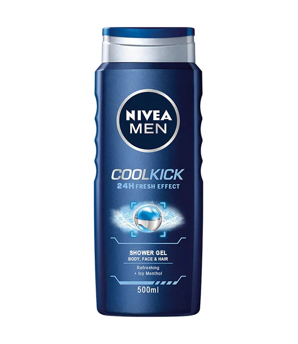 ג'ל רחצה NIVEA MEN COOLKICK לגוף, פנים ושיער, 500 מ"ל, מוצר טיפוח לגבר CHOZEN אלפא