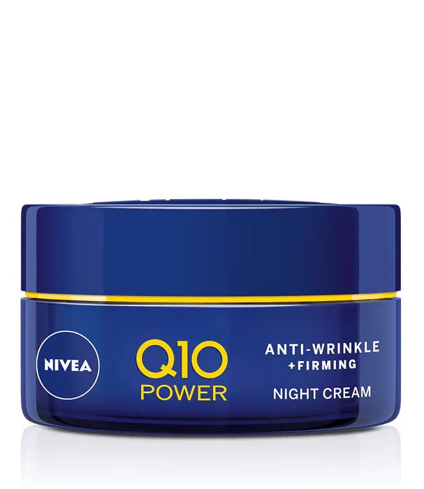 קרם לילה NIVEA Q10 POWER אנטי אייג'ינג מוצק, מוצג באריזה כחולה, מותג בינלאומי ב-CHOZEN