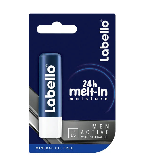 שפתון לחות לגברים Labello MEN ACTIVE SPF15 באריזה כחולה, מוצר מותג ב-CHOZEN