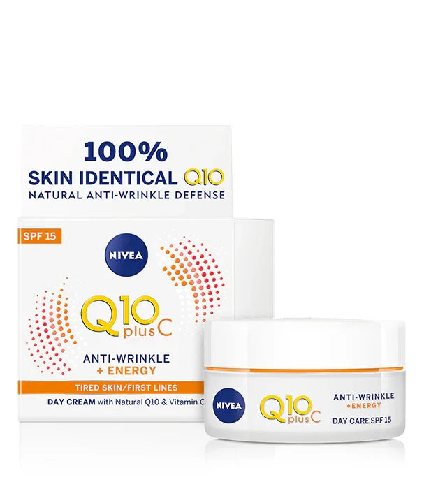 קרם יום לפנים ניביה Q10 פלוס C, נגד קמטים SPF 15, מוצג עם קופסה, מותג מוביל ב-CHOZEN