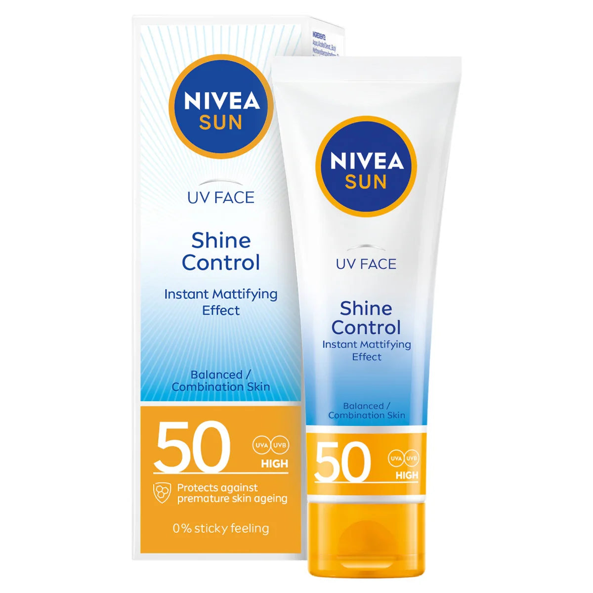 קרם הגנה לפנים NIVEA SUN SPF50 Shine Control מוצג עם האריזה, בחנות CHOZEN