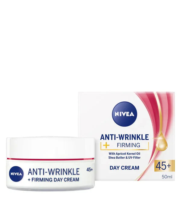 קרם יום NIVEA אנטי אייג'ינג 45+ למיצוק העור, פורמולה עם חמאת שיאה, מוצג באריזה רשמית
