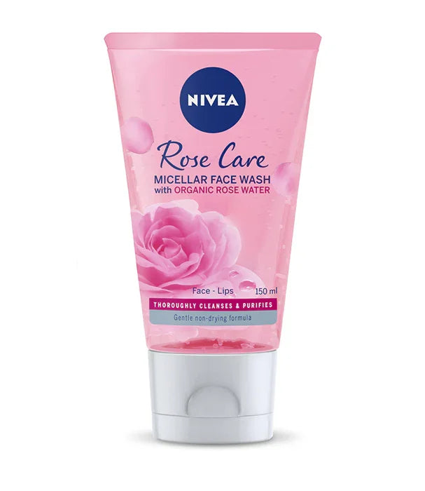 תכשיר ניקוי פנים NIVEA Rose Care עם מי ורדים אורגניים, 150 מ"ל, מוצג על רקע לבן