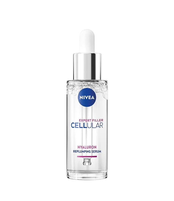 סרום חומצה היאלורונית NIVEA CELLULAR במארז שקוף עם טפטפת, מוצג על רקע לבן, CHOZEN