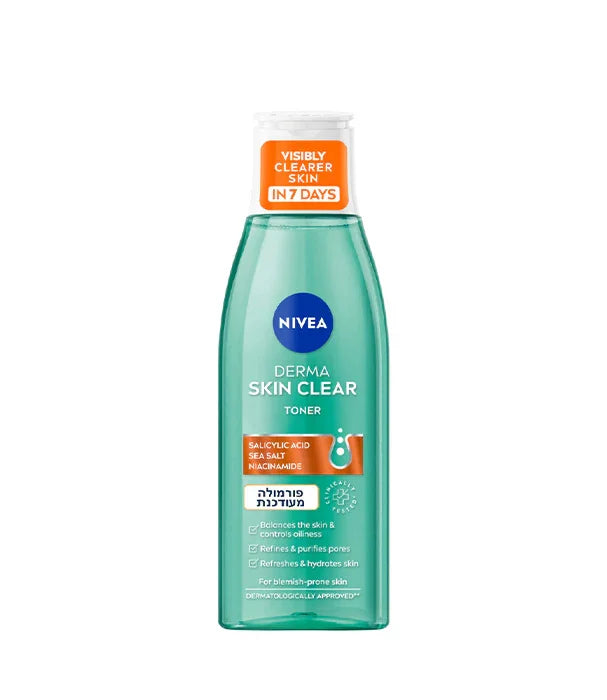 טונר NIVEA Derma Skin Clear לבעלי עור בעייתי, ביבוא קבוצת אלפא, בקבוק ירוק עם פרטים באנגלית ועברית