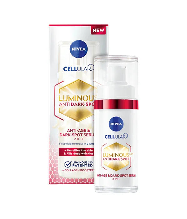 סרום אנטי-אייג' ולכהויות NIVEA Cellular Luminous בחזית, מוצר קוסמטי מוביל מ-CHOZEN