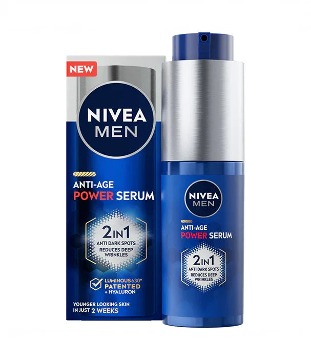 סרום אנטי אייג' לגברים של NIVEA MEN, מוצר טיפוח חדשני, מוצג עם האריזה, בחנות CHOZEN