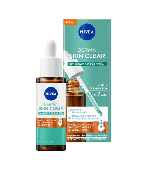 סרום NIVEA Derma Skin Clear לעור נקי וחלק מוצג עם קופסה, מבית קבוצת אלפא
