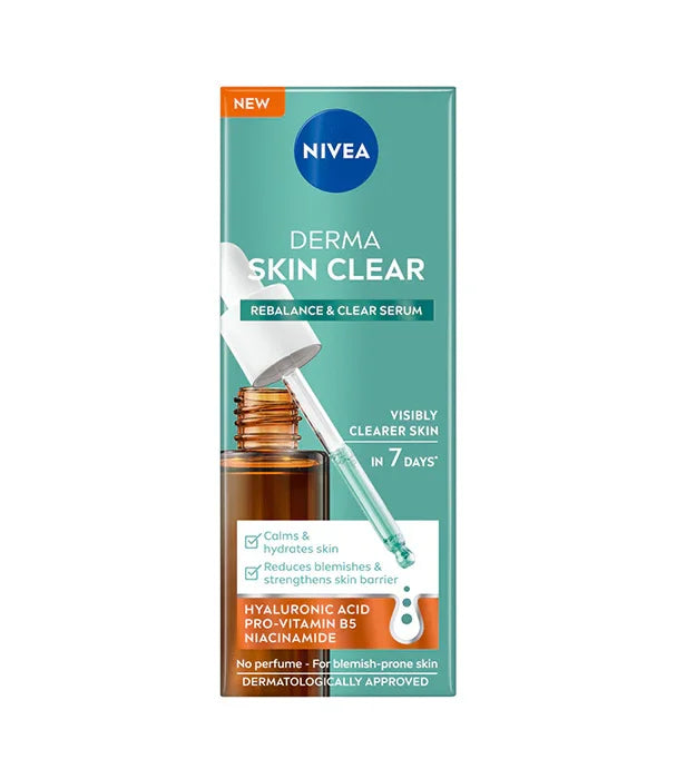 סרום NIVEA DERMA SKIN CLEAR בנפח 30 מ"ל, מוצר טיפוח מוביל לעור נקי וזוהר, מיובא על ידי אלפא.
