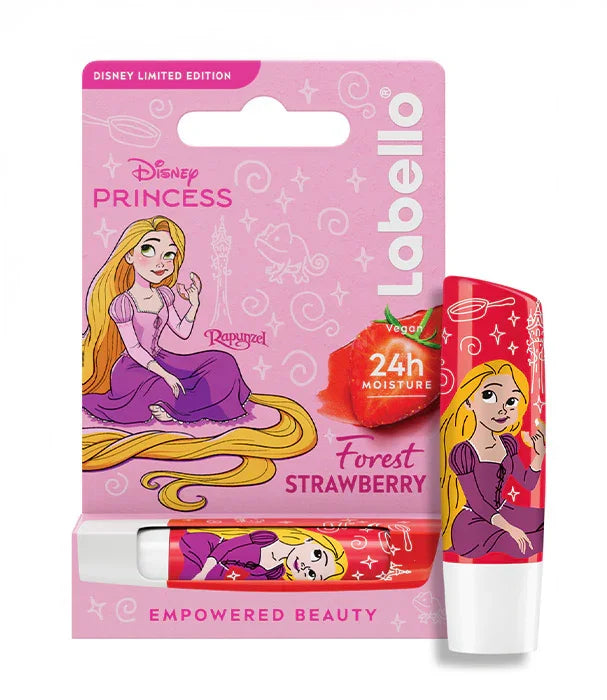 שפתון Labello דיסני נסיכות רפונזל בטעם תות, אריזה ורודה מעוצבת, לחות ל-24 שעות