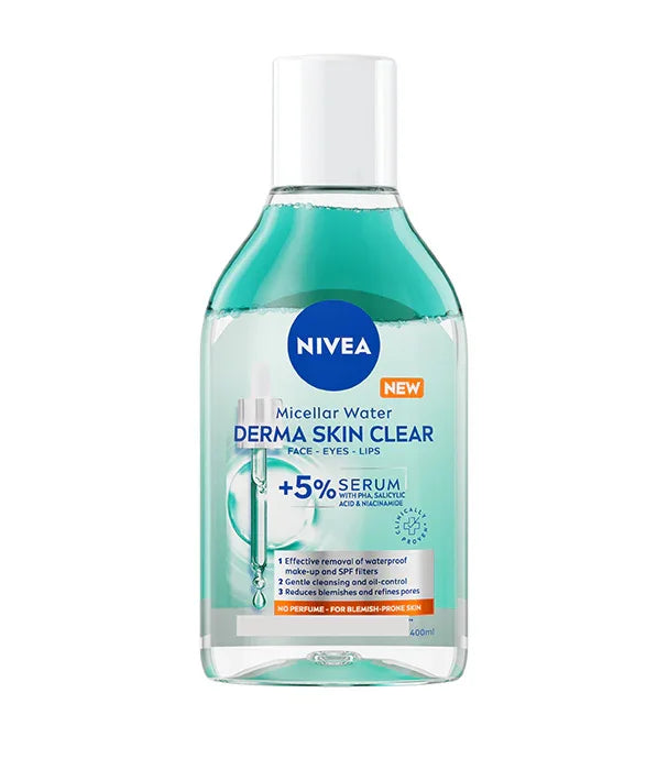 מי פנים NIVEA Micellar Water Derma Skin Clear, סרום 5%, ניקוי עמוק לעור רגיש