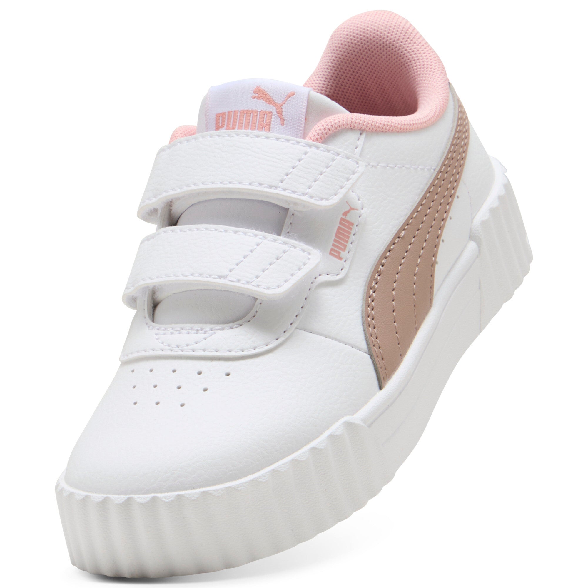 נעל סניקרס ילדים לבנה עם רצועות וסקוצ'ים, עיטור ורוד ועקב סוליה מעובה