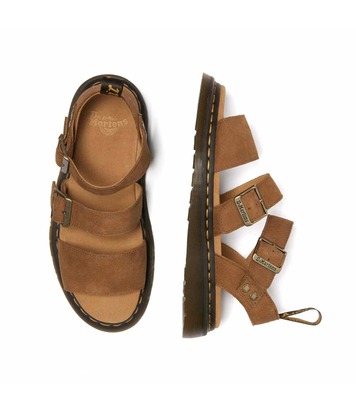 סנדל DR. MARTENS Gryphon חום קאמל, מבט עילי המציג פנים עור ורצועות, מבית CHOZEN