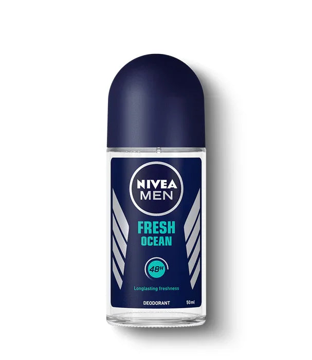 דאודורנט Nivea Men Fresh Ocean עם מכסה כחול כהה, בקבוק זכוכית 50 מ"ל, מבית קבוצת אלפא