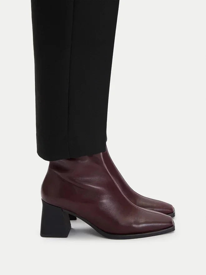 מגפי עור בורדו עם עקב מרובע לנשים, אופנה אלגנטית CHOZEN