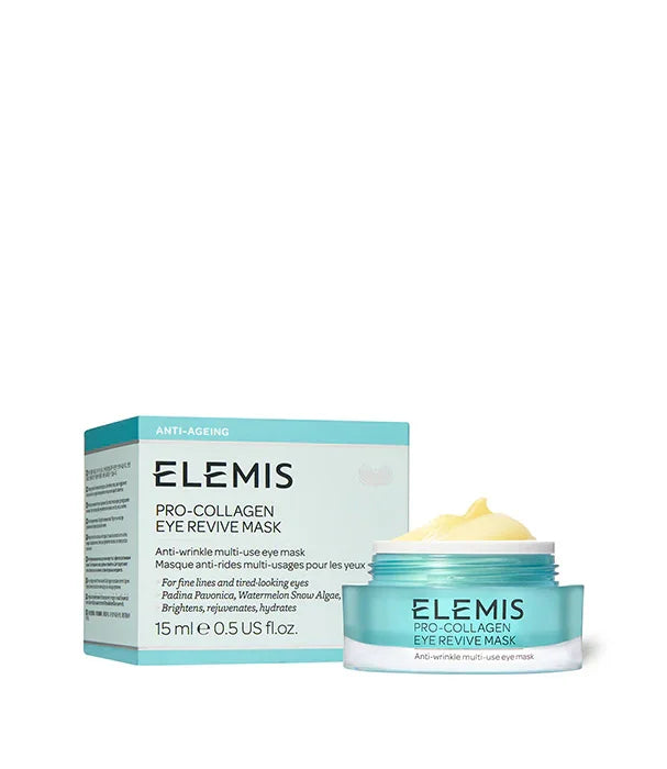 מסכת עיניים ELEMIS Pro-Collagen Eye Revive בקופסה טורקיז על רקע לבן, מוצר טיפוח יוקרתי