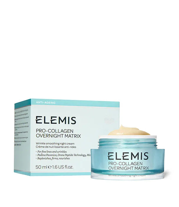 קרם לילה ELEMIS PRO-COLLAGEN על רקע קופסה ממותגת, מוצר אנטי אייג'ינג מומלץ ב-CHOZEN