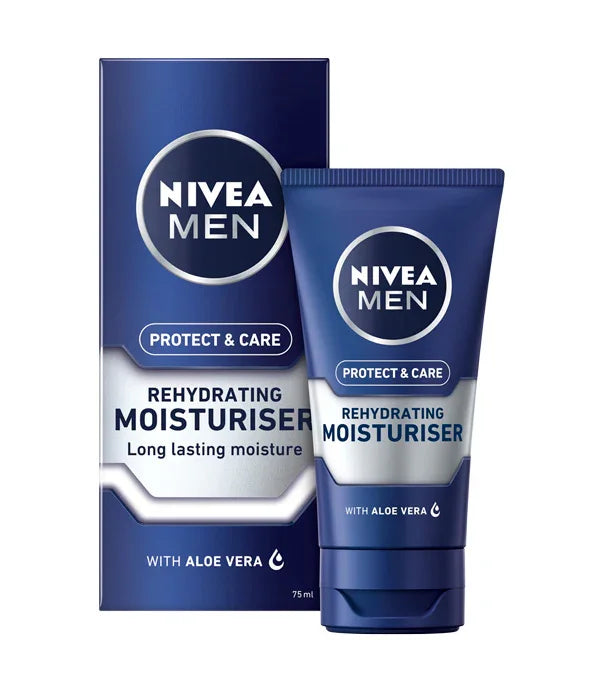 קרם פנים נייבאה לגברים NIVEA MEN על רקע לבן, לחות עם אלוורה, מוצג עם האריזה
