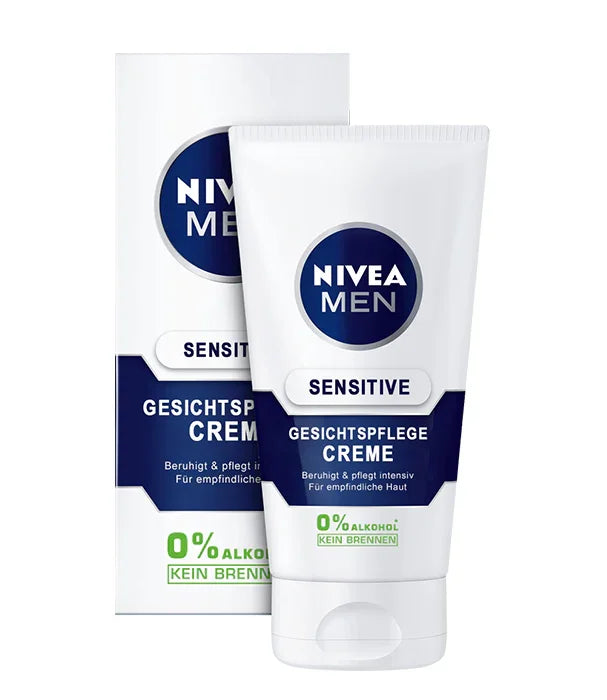 קרם פנים NIVEA MEN Sensitive לגברים לעור רגיש, מוצג על רקע קופסה, בחנות CHOZEN