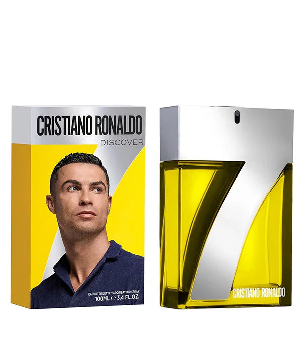 בקבוק בושם CHOZEN קריסטיאנו רונאלדו Discover וקופסה צהובה עם תמונת פנים, מותג יוקרה מבית אלפא