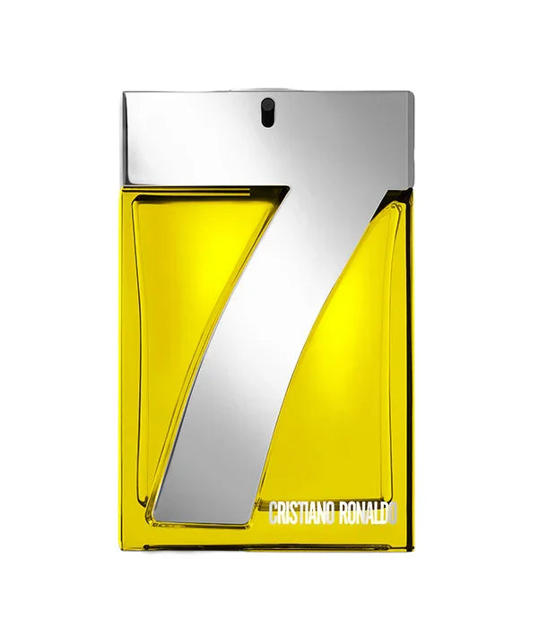 בקבוק בושם צהוב דגם CR7 עם מכסה כסף, מותג CHOZEN, ייבוא קבוצת אלפא