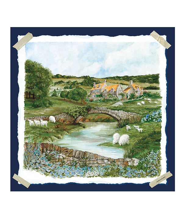 ציור כפרי אנגלי עם גשר אבן, נחל, כבשים ובתים ציוריים, משולב באתר CHOZEN למותגים מובילים