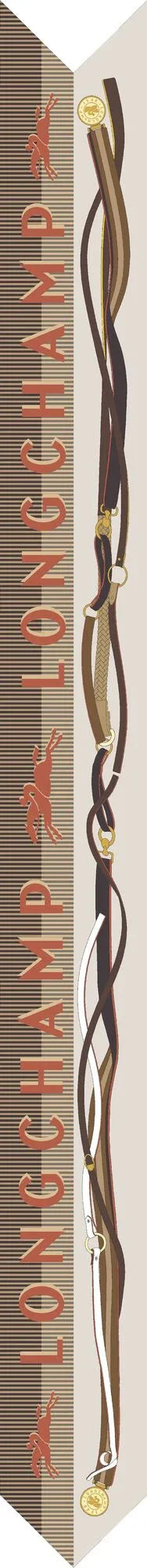 צעיף LONGCHAMP בעיצוב חום ולבן עם דוגמת רצועות וסמל סוס, מוצר אופנה יוקרתי מבית היבואן CHOZEN