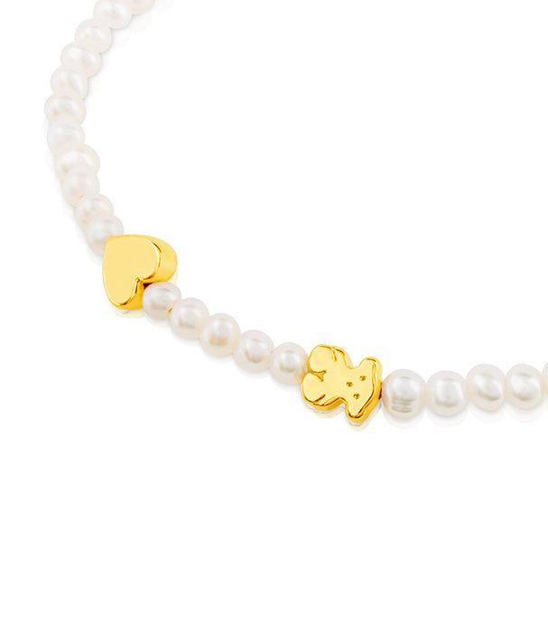 טואוס צמיד פנינים בשילוב דובי ולב ומזהב 18 קראט Sweet Dolls