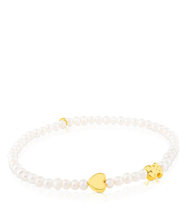 טואוס צמיד פנינים בשילוב דובי ולב ומזהב 18 קראט Sweet Dolls